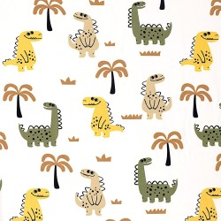 Happy Dinosaurs and Palm Trees Jersey Fabric | Wolf Fabrics