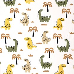 Happy Dinosaurs and Palm Trees Jersey Fabric | Wolf Fabrics