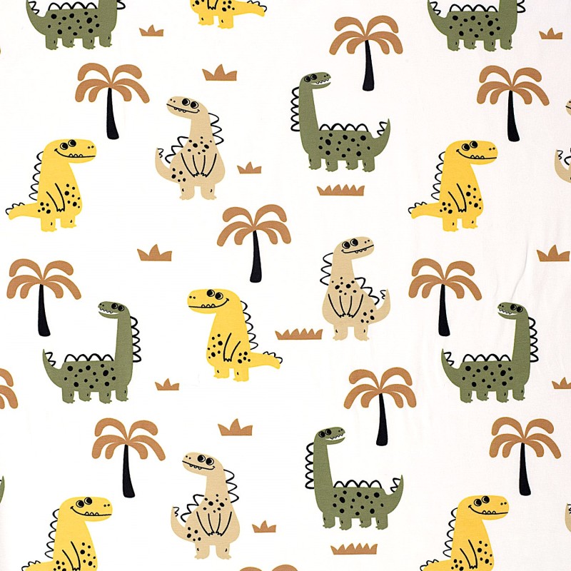 Happy Dinosaurs and Palm Trees Jersey Fabric | Wolf Fabrics