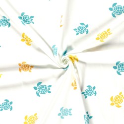 Jersey Fabric Jersey Fabric Yellow Turquoise and Orange Turtle | Wolf Fabrics