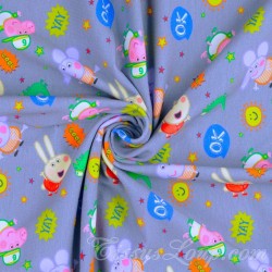 Fabric Jersey Cotton Peppa Pig and Emilie Elephant Grey Background | Wolf Fabrics