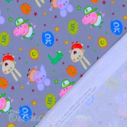 Fabric Jersey Cotton Peppa Pig and Emilie Elephant Grey Background | Wolf Fabrics