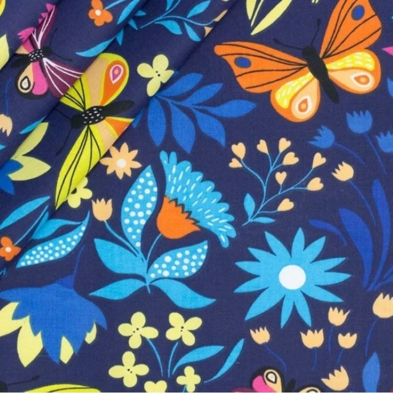 Butterflies and Blue Flowers Fabric Cotton | Wolf Fabrics