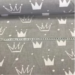 White Crowns Grey Background Fabric Cotton | Wolf Fabrics