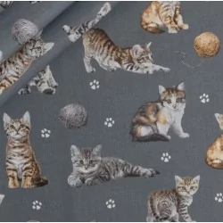 Fabric Cotton Kitten with Ball of Wool Grey Background | Wolf Fabrics