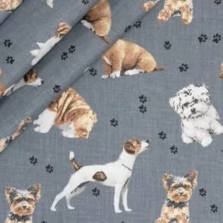 Cotton fabric with yorkshire breed dogs, Jack Russel, Carlin, Bouleget, Bichon, Schnauzer and Pinscher | Wolf Fabrics