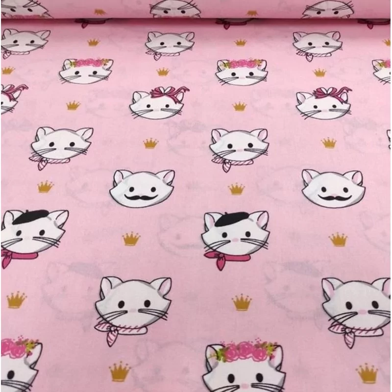 Cat Head Fabric Cotton Pink Background | Wolf Fabrics