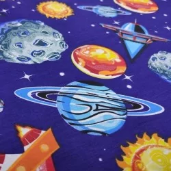 Spaceship and Planet Fabric Cotton Navy Blue Background | Wolf Fabrics