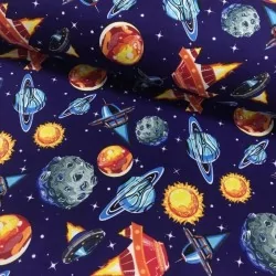 Spaceship and Planet Fabric Navy Blue Background | Wolf Fabrics