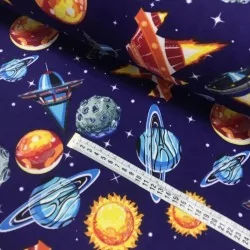 Spaceship and Planet Fabric Navy Blue Background | Wolf Fabrics