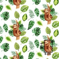 Printed cotton fabric with lazy perched and surrounded by green leaves | Wolf Fabrics