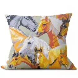 Cotton fabric with gray colored horses, Isabelle, white, brunette bay and palomino | Wolf Fabrics