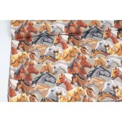 Cotton fabric with gray colored horses, Isabelle, white, brunette bay and palomino | Wolf Fabrics