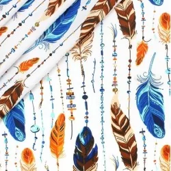 Blue and Orange Feathers and Pearls Fabric Cotton | Wolf Fabrics