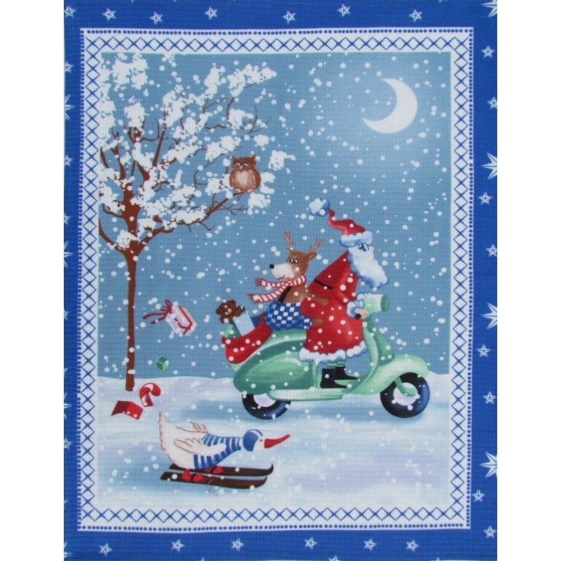 Santa Claus on a Scooter Festive Tea Towel Blue Frame | Wolf Fabrics