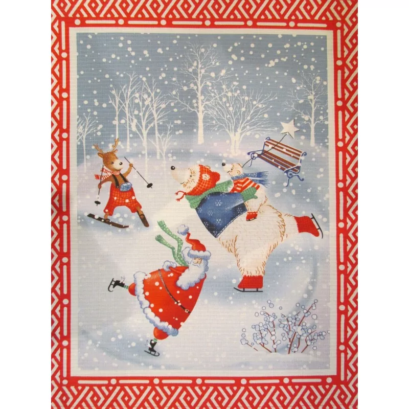 Santa Claus at the Ice Rink Festive Tea Towel Red Frame | Wolf Fabrics
