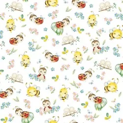 Fabric with bees, ladybug and small bird lovers with pink and blue fluffy | Wolf Fabrics