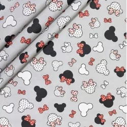 Fabric Cotton Minnie-Mickey-Mouse Small Head Grey Background | Wolf Fabrics
