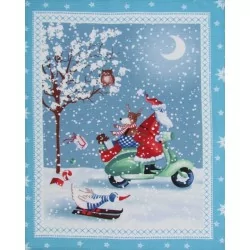 Santa Claus on a Scooter Festive Tea Towel | Wolf Fabrics