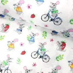 Cotton fabric mouse by bike and with strawberries Confection of a cushion to hide the milk teeth | Wolf Fabrics