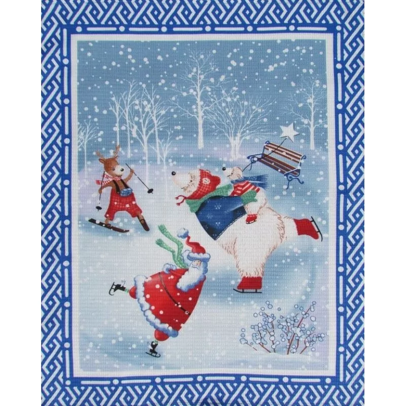 Set of 3 Tea Towels Christmas  |Santa Claus  |Winter Blue Frame | Wolf Fabrics