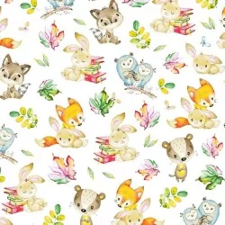 Cotton fabric printed with smart animals The fox, the rabbit, the owl, the raccoon, the badger | Wolf Fabrics