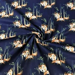 Cotton fabric with a fox, rodant in the woods Navy blue background illustrating the night | Wolf Fabrics