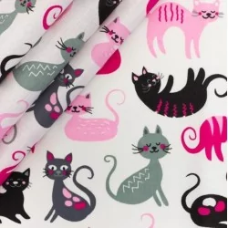 Fabric adorable cats white cotton background | Wolf Fabrics