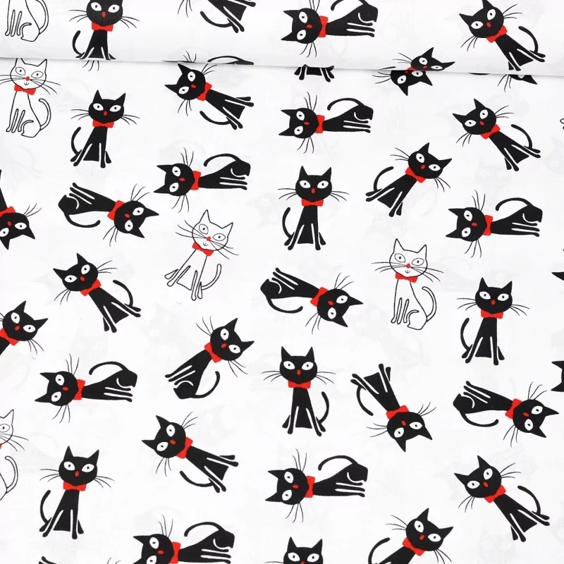 Cotton fabric black and white cat | Wolf Fabrics
