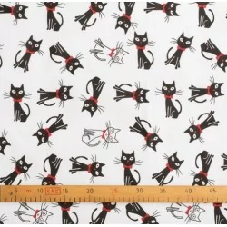Cotton fabric black and white cat white background | Wolf Fabrics