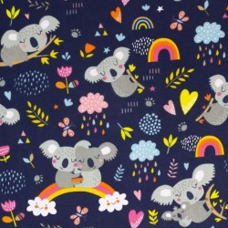 Koala on Rainbow Fabric Navy Blue Background | Wolf Fabrics