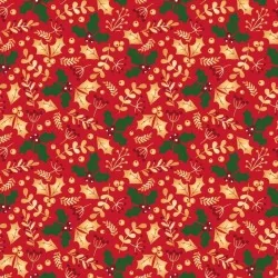 Fabric Cotton Christmas Houx Branch Red Background | Wolf Fabrics