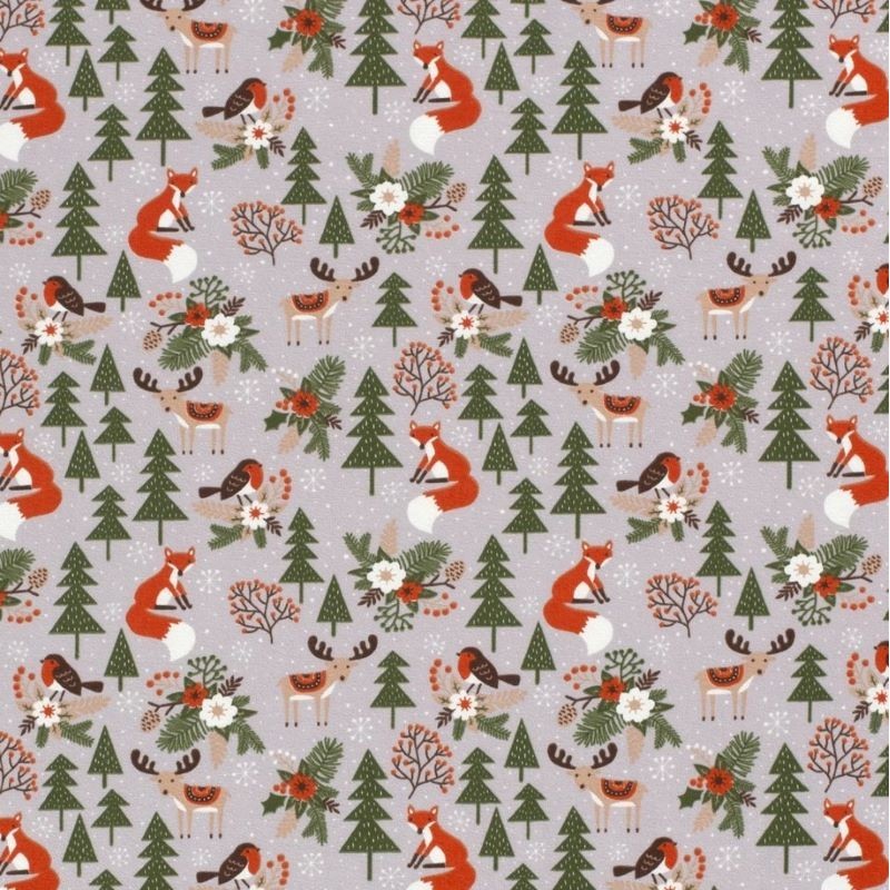 Jersey Reindeer and Fox Fabric in the Christmas Forest | Wolf Fabrics
