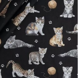 Fabric Cotton Kitten with Ball of Wool Black background | Wolf Fabrics
