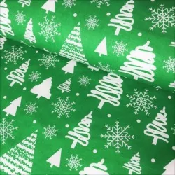 Fabric Cotton Christmas tree and snowflake green background | Wolf Fabrics