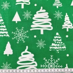 Fabric Cotton Christmas tree and snowflake green background | Wolf Fabrics
