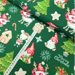 Christmas Elves, Reindeer and Mice Fabric Cotton  Green Background | Wolf Fabrics