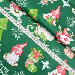 Christmas Elves, Reindeer and Mice Fabric Cotton  Green Background | Wolf Fabrics