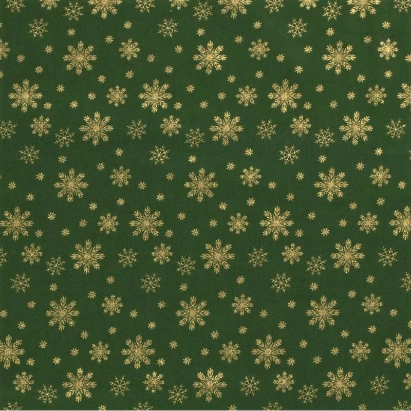 Golden Snowflakes Fabric Green background |  Wolf Fabrics