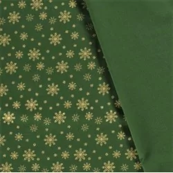 Golden Snowflakes Fabric Green background |  Wolf Fabrics