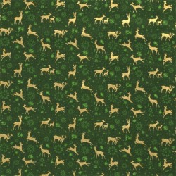 Golden Christmas Reindeer Fabric Green background |  Wolf Fabrics
