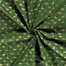 Golden Christmas Reindeer Fabric Green background |  Wolf Fabrics
