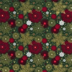 Golden and red Snowflakes Fabric Green background |  Wolf Fabrics
