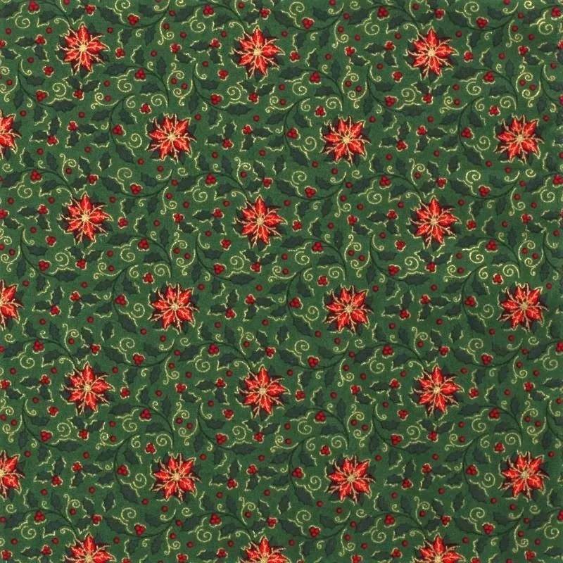 Fabric Flower red Christmas star golden branches Green background |  Wolf Fabrics