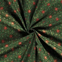 Fabric Flower red Christmas star golden branches Green background |  Wolf Fabrics