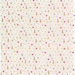 Fabric Cotton Gold Christmas Trees Stars and Hearts Background White | Wolf Fabrics