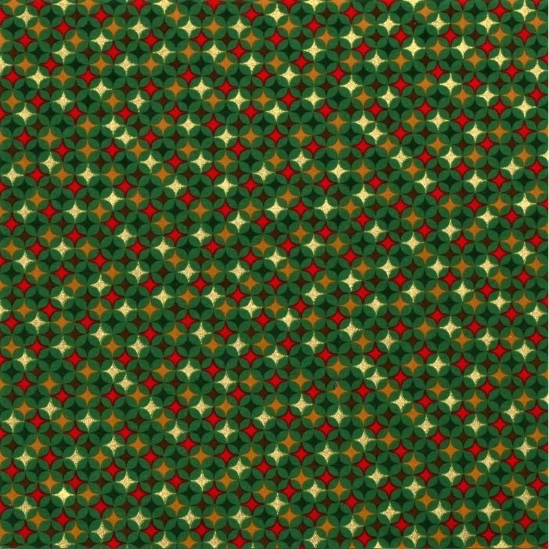 Fabric Cotton Christmas Gold Stars  Green Background | Wolf Fabrics