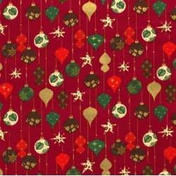 Fabric Cotton golden Christmas baubles Carmine Red Background | Wolf Fabrics