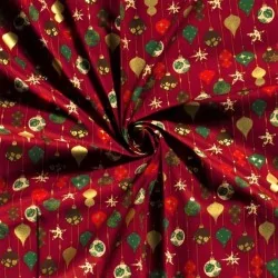 Fabric Cotton golden Christmas baubles Carmine Red Background | Wolf Fabrics