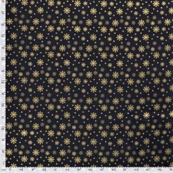 Fabric Cotton Snowflakes Golden Navy Blue Background | Wolf Fabrics